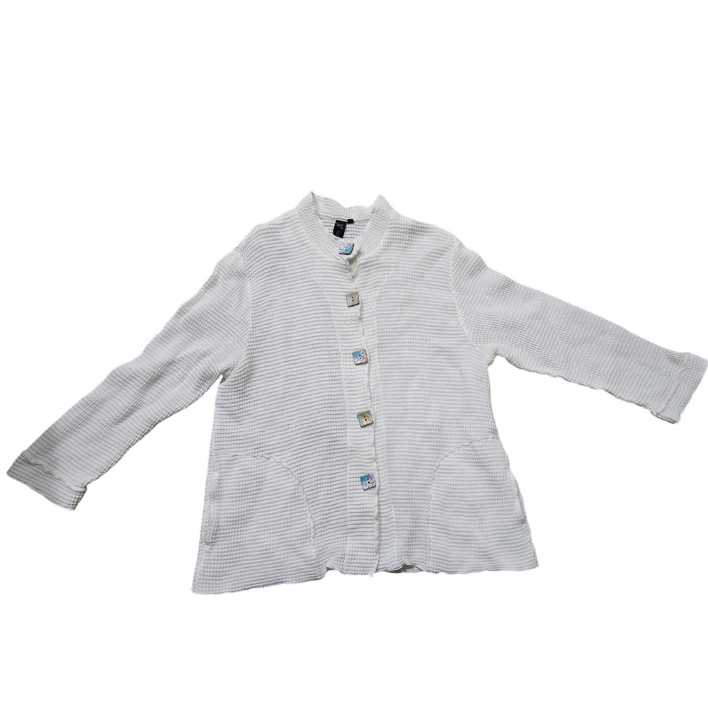 Focus Casual Life Womens White Waffle Knit Cotton Jacket Artistic Buttons L